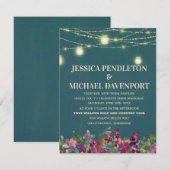 ターコイズ プラム パープル フローラル ストリング ライト ウェディング 招待状 (正面/裏面)