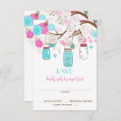 ターコイズ&ホットピンクメイソンジャースウェディングRSVPカード 出欠カード (正面/裏面)