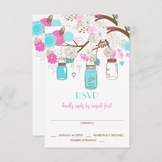 ターコイズ&ホットピンクメイソンジャースウェディングRSVPカード 出欠カード (正面/裏面)