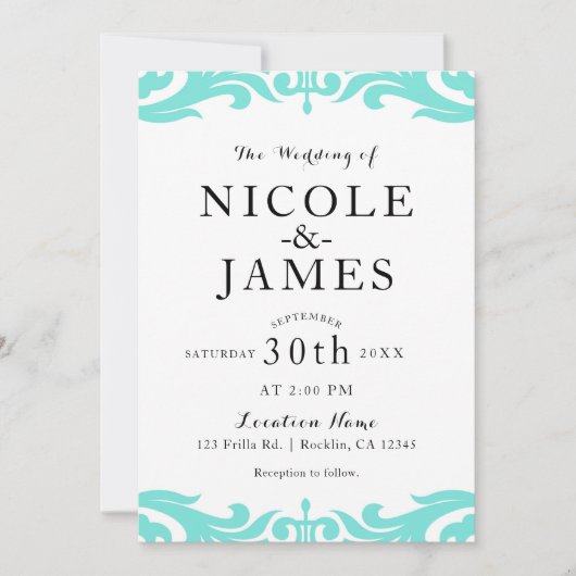 ターコイズ&ホワイトのダマスク柄 おしゃれ エレガント ミニマル ウェディング 招待状 (正面)