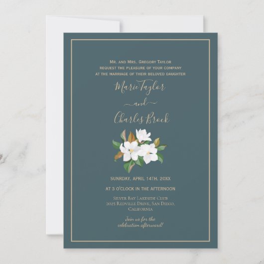 ターコイズ＆ホワイトのマグノリア　ウェディング　招待状 招待状 (正面)