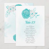 ターコイズ & ホワイトの花の席次表カード (正面/裏面)