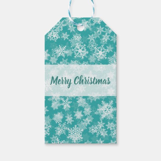 ターコイズ＆ホワイトの雪の結晶　ウィンター ワンダーランド ホリデー ギフトタグ (正面)
