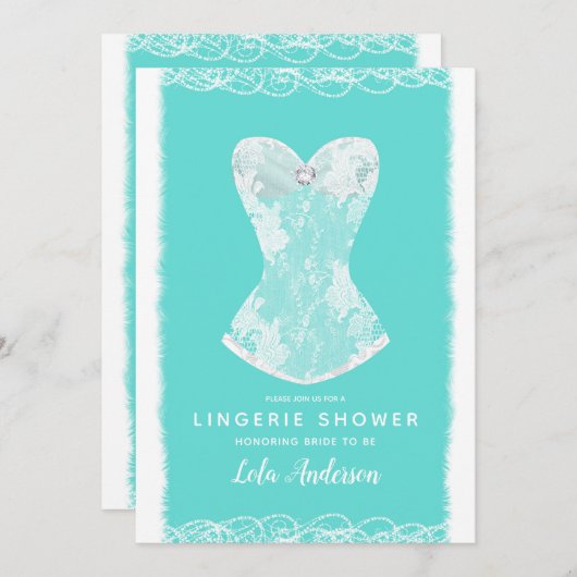 ターコイズ&ホワイトグラムランジェリーシャワーパーティー 招待状 (正面/裏面)