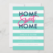 ターコイズ&ホワイトストライプ引っ越し祝いパーティーピンクパーティー 招待状 (正面)