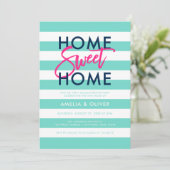 ターコイズ&ホワイトストライプ引っ越し祝いパーティーピンクパーティー 招待状 (スタンド正面)