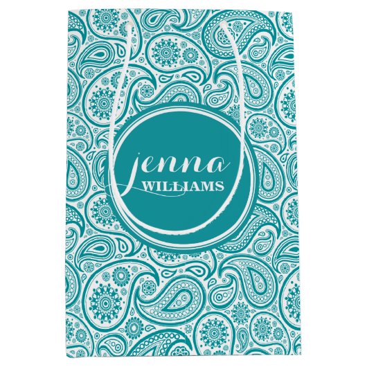 ターコイズ&ホワイトヴィンテージペイズリーダマスク ミディアムペーパーバッグ (正面)