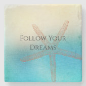 ターコイズ ホワイト アクア ブルー スターフィッシュ ビーチ ストーンコースター (正面)