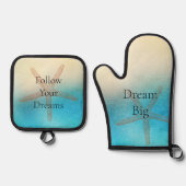 ターコイズ ホワイト アクア ブルー スターフィッシュ ビーチ 鍋つかみ&鍋敷きセット (正面)