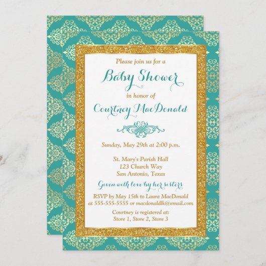 ターコイズ、ホワイト、ゴールドの偽物グリッター ベビーシャワー招待状 招待状 (正面/裏面)