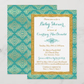ターコイズ、ホワイト、ゴールドの疑似グリッター ベビーシャワー招待状 招待状 (正面/裏面)