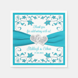 ターコイズ、ホワイト、シルバーラブハート結婚 スタンダードカクテルナプキン