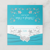 ターコイズ、ホワイト、シルバーラブハート結婚 プレイスカード (外部開封)