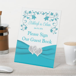 ターコイズ、ホワイト、シルバーラブハート結婚 台座サイン