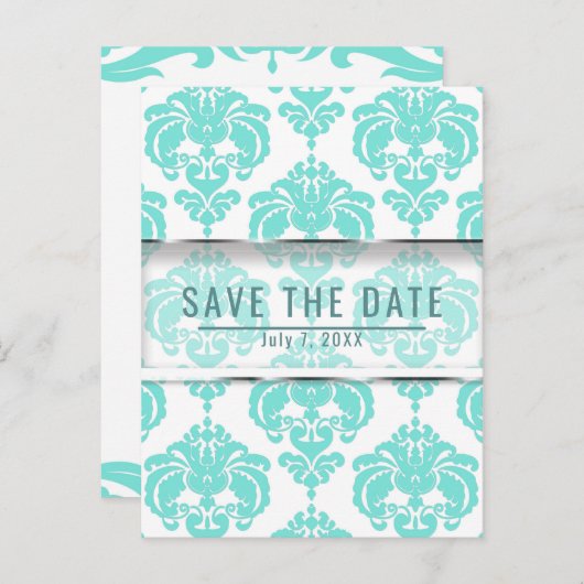 ターコイズ & ホワイト ダマスク おしゃれ ウェディング セーブ・ザ・デート 案内ポストカード (正面/裏面)