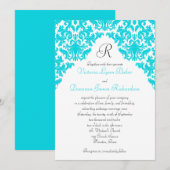 ターコイズ、ホワイト、ブラックのダマスク織りモノグラム招待状 招待状 (正面/裏面)