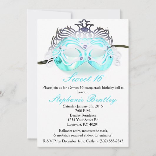 ターコイズ・マスカレード・ゼブラ・スイート16バースデー・招待状 招待状 (正面)
