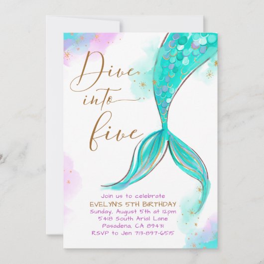 ターコイズ・マーメイドが5人の誕生日パーティーに飛び込む 招待状 (正面)