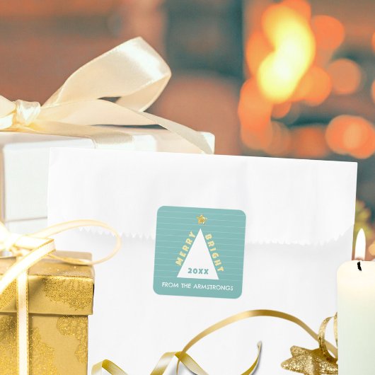 ターコイズ ミニマリスト クリスマス ツリー ネーム スクエアシール