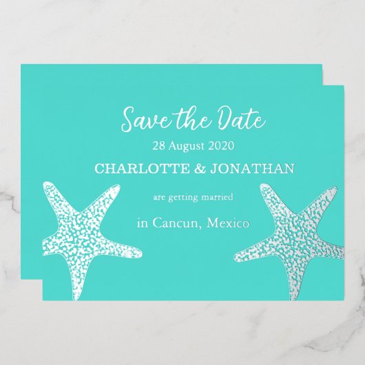 ターコイズ モダン トロピカル スターフィッシュ ビーチ ウェディング 箔招待状 (正面/裏面)