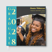 ターコイズ モダン フォト 卒業パーティー ゴールド ゲストブック (正面)