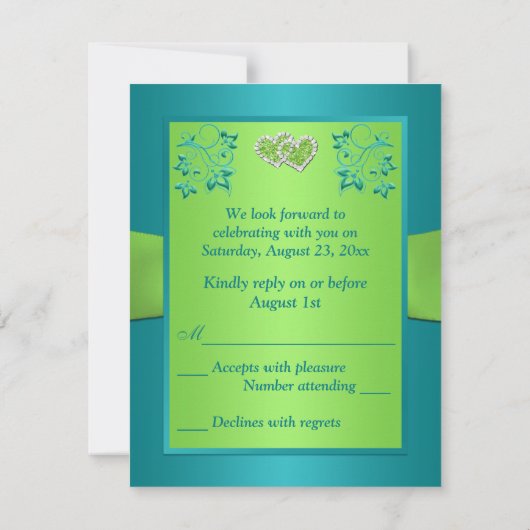 ターコイズ・ライム フラワーのハートの組み合わせた RSVP カード (裏面)