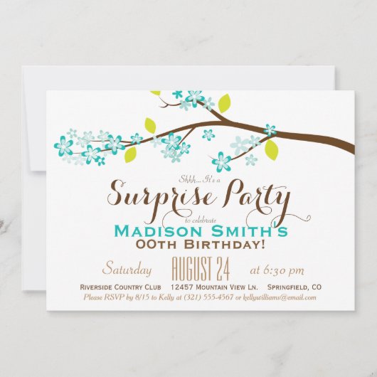 ターコイズ、ライム、ブラウンの誕生日サプライズパーティー 招待状 (正面)