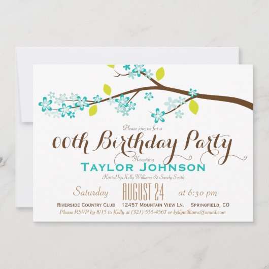 ターコイズ、ライム、ブラウンブランチ誕生日パーティー 招待状 (正面)