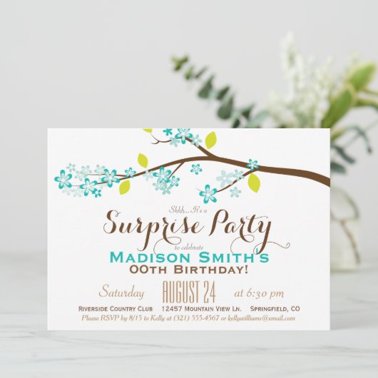 ターコイズ、ライム、ブラウン誕生日サプライズパーティー 招待状 (スタンド正面)