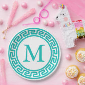 ターコイズ ラウンド ギリシャ キー ボーダー モノグラム ペーパープレート (パーティー)