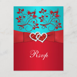 ターコイズ、レッド フローラル、ハーツ ウェディング 返信カード