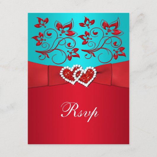 ターコイズ、レッド フローラル、ハーツ ウェディング 返信カード (正面)