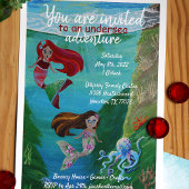 ターコイズ、レッド、ブルーマーメイド海誕生日 招待状
