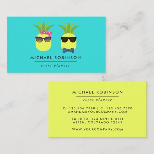 ターコイズ&レモンおもしろいパイナップルイベントプランナー 名刺 (正面/裏面)