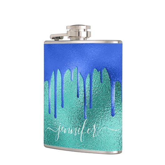 ターコイズ ロイヤルブルー 緑の金属的な名前の垂れ  フラスク (左)