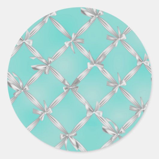 ターコイズ・ロビンズエッグ・ブルーの白いリボン　ウェディングパーティー ラウンドシール (正面)
