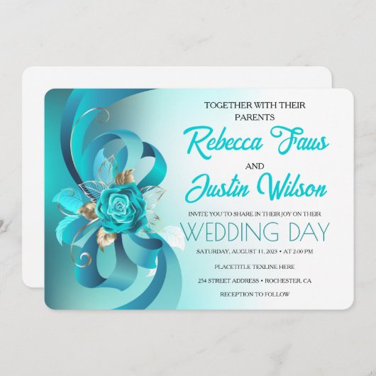 ターコイズ ローズ ティファニー フラワーズ モダン ボヘミア 招待状 (正面/裏面)