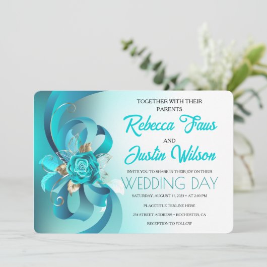 ターコイズ ローズ ティファニー フラワーズ モダン ボヘミア 招待状 (スタンド正面)