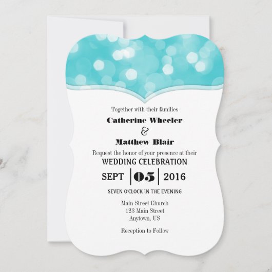 ターコイズ《写真》ぼけ味グリッターライト結婚式の招待 招待状 (正面)