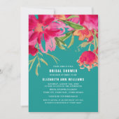 ターコイズ│明るい赤紫色水彩フローラブライダルシャワー 招待状 (正面)