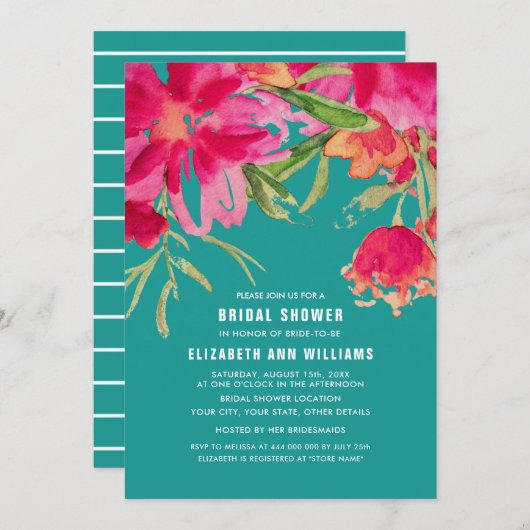 ターコイズ│明るい赤紫色水彩フローラブライダルシャワー 招待状 (正面/裏面)