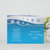 ターコイズ、灰色の雪片の折り畳みウェディングプログラム (スタンド正面)