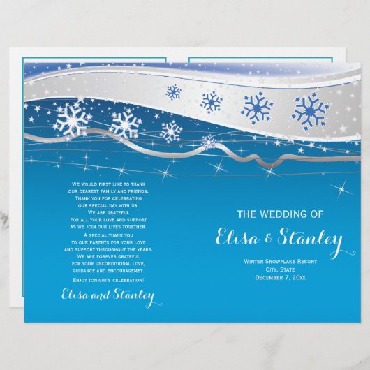 ターコイズ、灰色の雪片の折り畳みウェディングプログラム (正面/裏面)