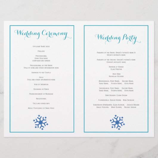 ターコイズ、灰色の雪片の折り畳みウェディングプログラム (裏面)