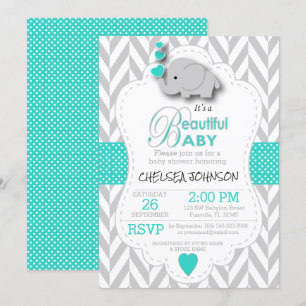 ターコイズ,白い灰色の象のベビーシャワー 招待状