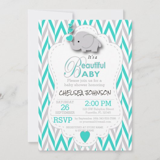 ターコイズ、白とグレーの象の赤ちゃんシャワー 招待状 (正面)