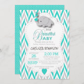 ターコイズ、白とグレーの象の赤ちゃんシャワー 招待状 (正面/裏面)