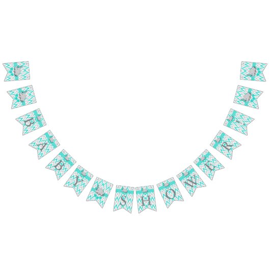 ターコイズ、白灰色の象の赤ちゃんシャワー バンティングフラッグ (全)