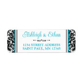ターコイズ、白黒ダマスク結婚式の住所 ラベル (正面)