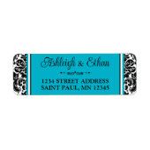 ターコイズ、白黒ダマスク結婚式の住所 ラベル (正面)